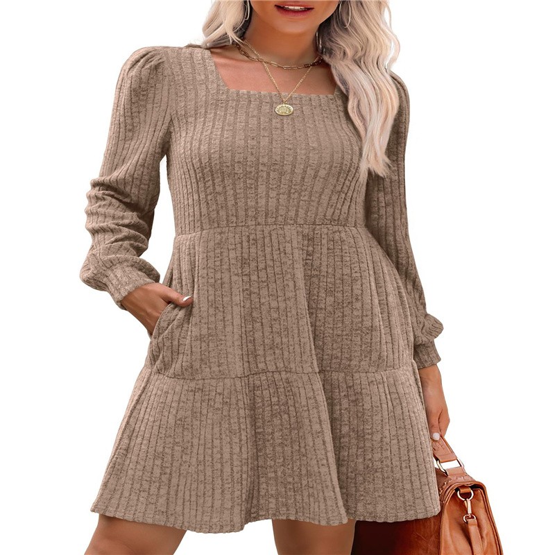 Women's Dress Factory - Square Collar Long Sleeve Clothing