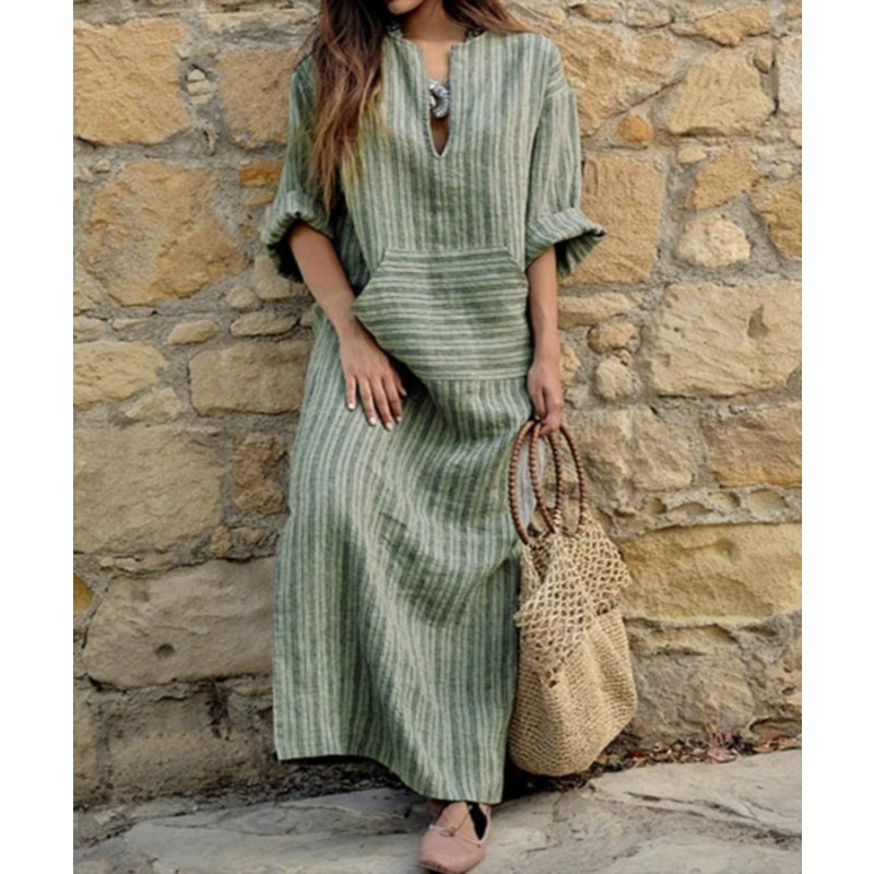 Casual Dress Manufacturer - Cotton Linen Striped Loose Dress