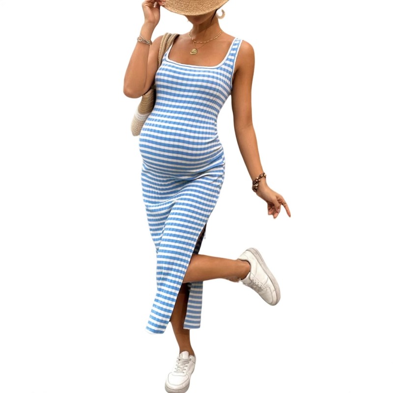 Summer Maternity Dress Manufacturer - Slim Bodycon Square Neck Striped Side Slit Dress