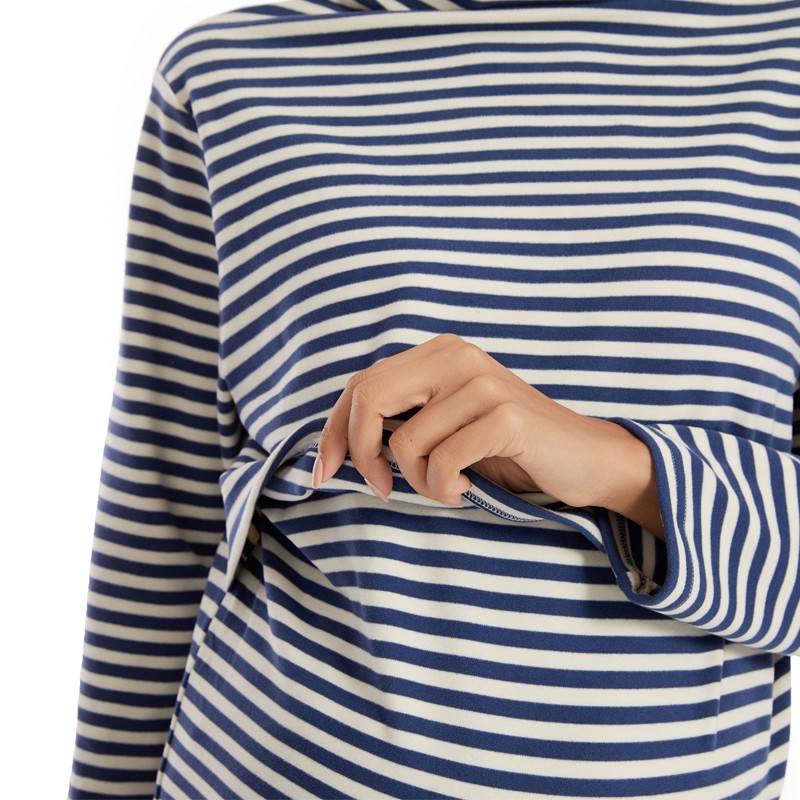 Pregnant Women Sweatshirt Manufacturer - High Neck Lactation Sleeping Care Striped Top