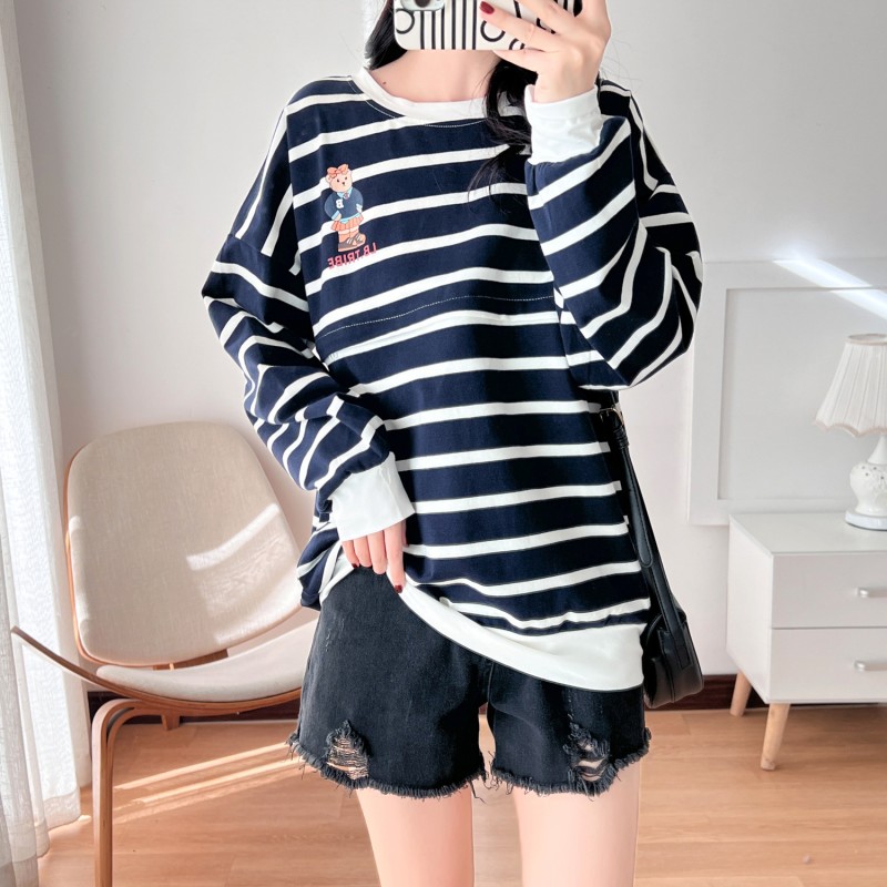 Maternity Hoodie Supplier - Striped Comfortable Lactation Breastfeeding Top