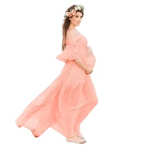 Casual Maternity Dress Supplier - Pink Short Sleeve Loose-Fitting Photography Dress