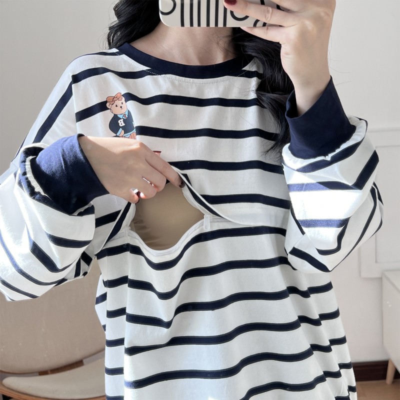 Maternity Hoodie Supplier - Striped Comfortable Lactation Breastfeeding Top