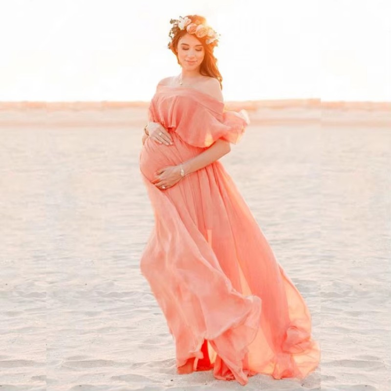 Casual Maternity Dress Supplier - Pink Short Sleeve Loose-Fitting Photography Dress