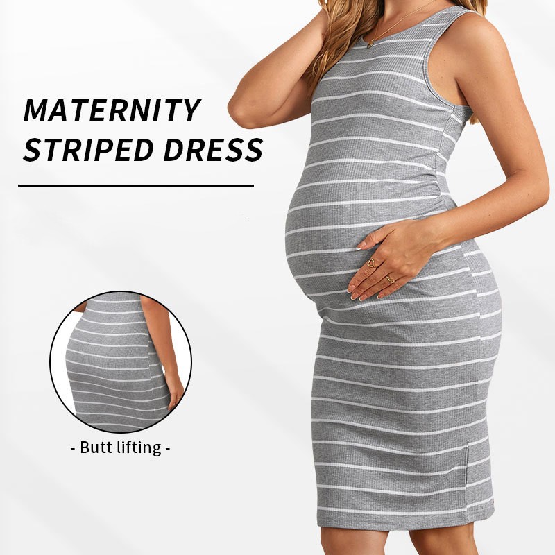 Pregnant Women Dress Factory - Round Neck Striped Elastic Tight Fitting Dress