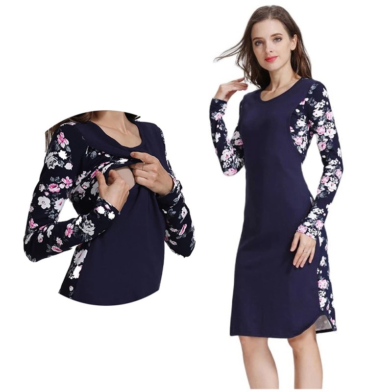Winter Maternity Dress Factory - Long Sleeve Stretch Cotton Floral Sleeve Dress