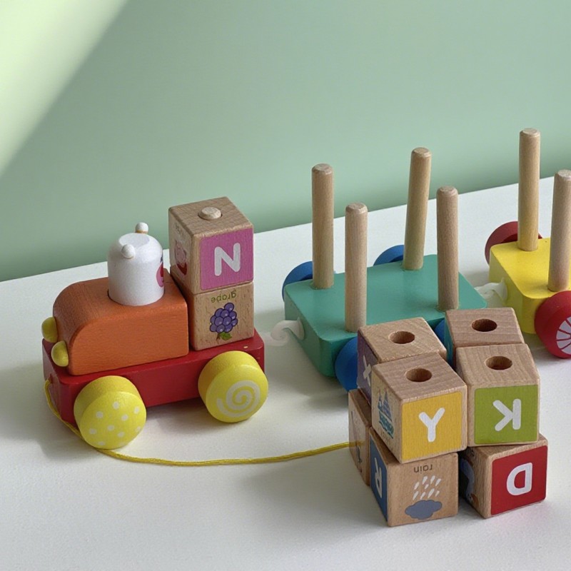 Alphabet Cube Factory - Wooden Block Set Train Educational Toy