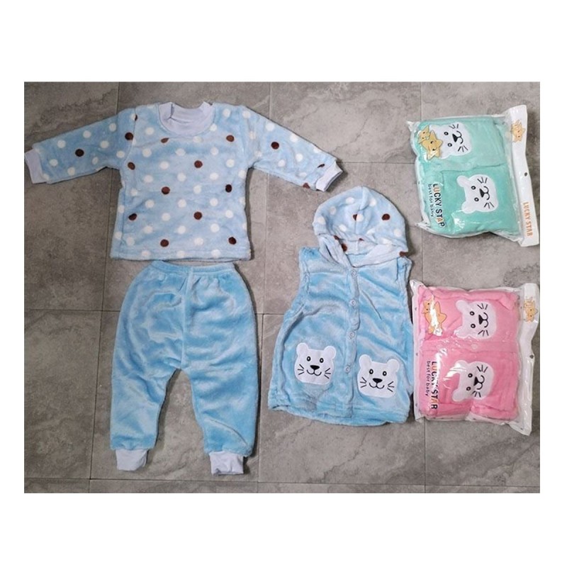 Flannel Baby Clothes Supplier - 3Pcs 0-12M Winter Outfit Shirt+Pant+Hooded Vest Set