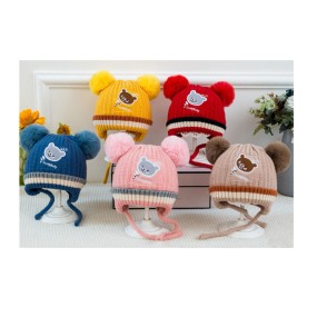 Infant Toddler Beanie Manufacturer - Woolen Cap Bear Design Winter Twist Pom Pom Cap