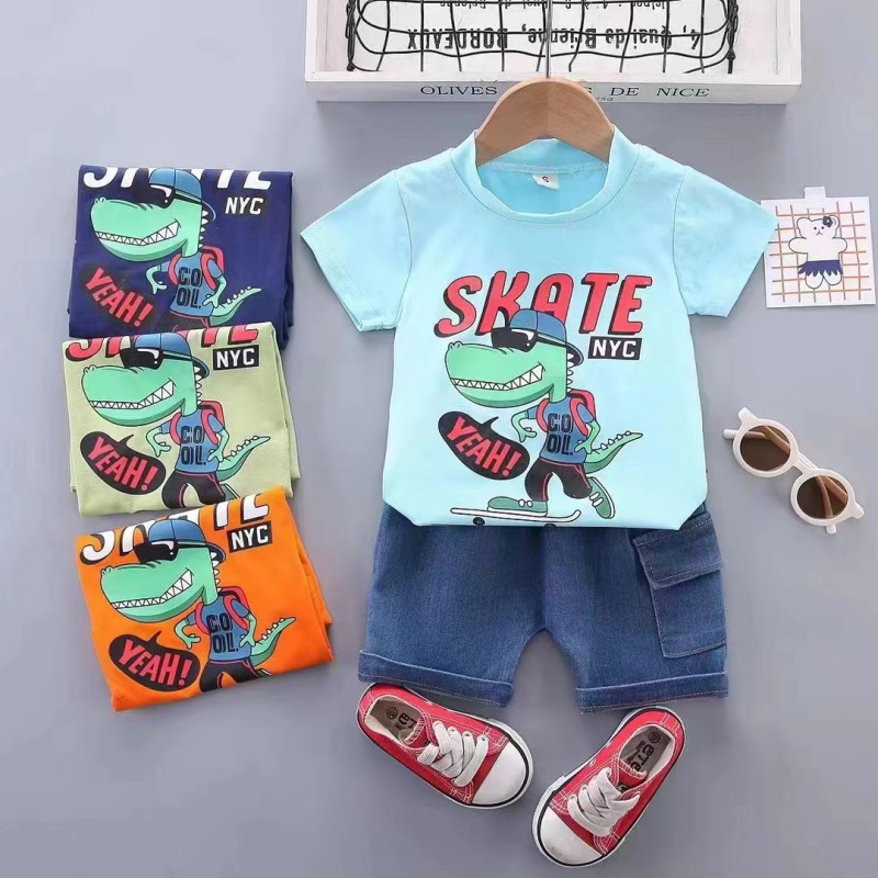 Baby Toddler Boy Clothes Factory - Short Sleeve T Shirt Top Ripped Jeans Shorts 2 Piece