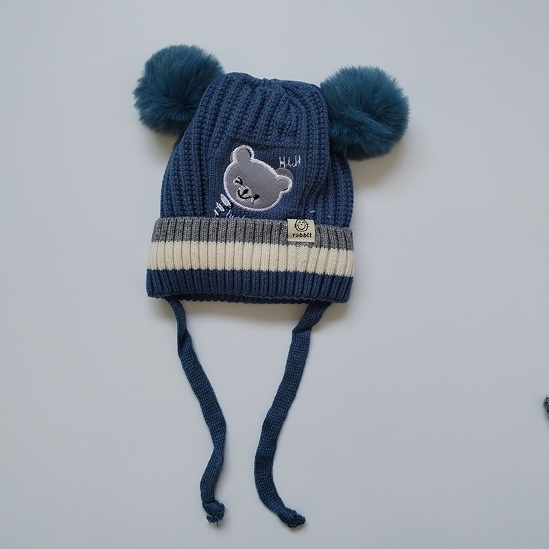 Infant Toddler Beanie Manufacturer - Woolen Cap Bear Design Winter Twist Pom Pom Cap