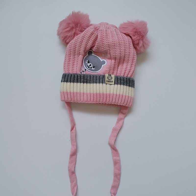 Infant Toddler Beanie Manufacturer - Woolen Cap Bear Design Winter Twist Pom Pom Cap