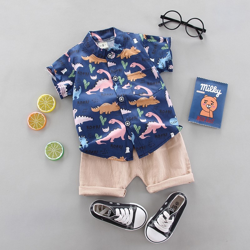 Teens Clothes Supplier - 1-4 Years Dinosaur Design Polo Shirt Casual Shorts Set
