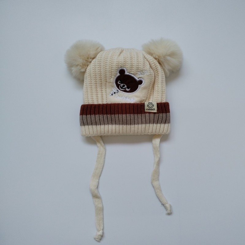 Infant Toddler Beanie Manufacturer - Woolen Cap Bear Design Winter Twist Pom Pom Cap