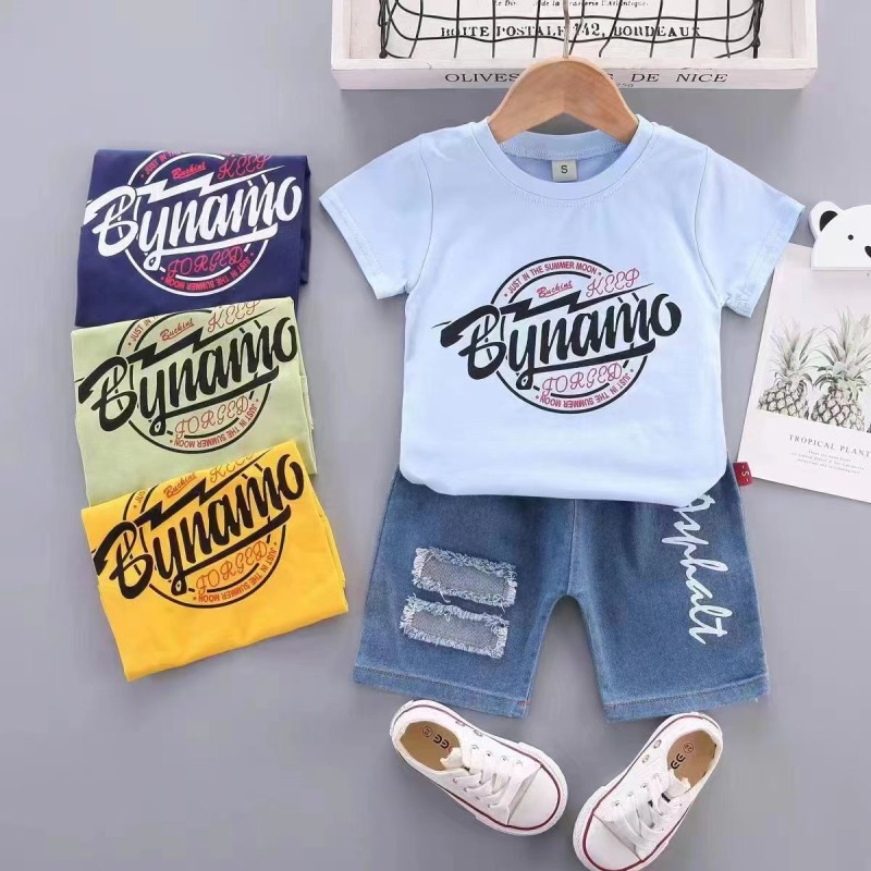 Baby Toddler Boy Clothes Factory - Short Sleeve T Shirt Top Ripped Jeans Shorts 2 Piece
