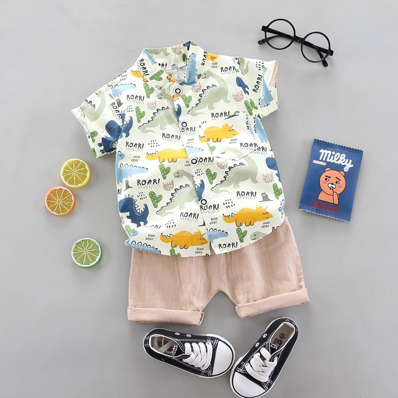 Teens Clothes Supplier - 1-4 Years Dinosaur Design Polo Shirt Casual Shorts Set