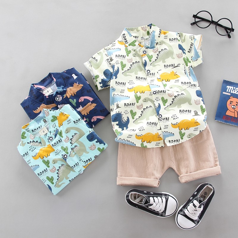 Teens Clothes Supplier - 1-4 Years Dinosaur Design Polo Shirt Casual Shorts Set