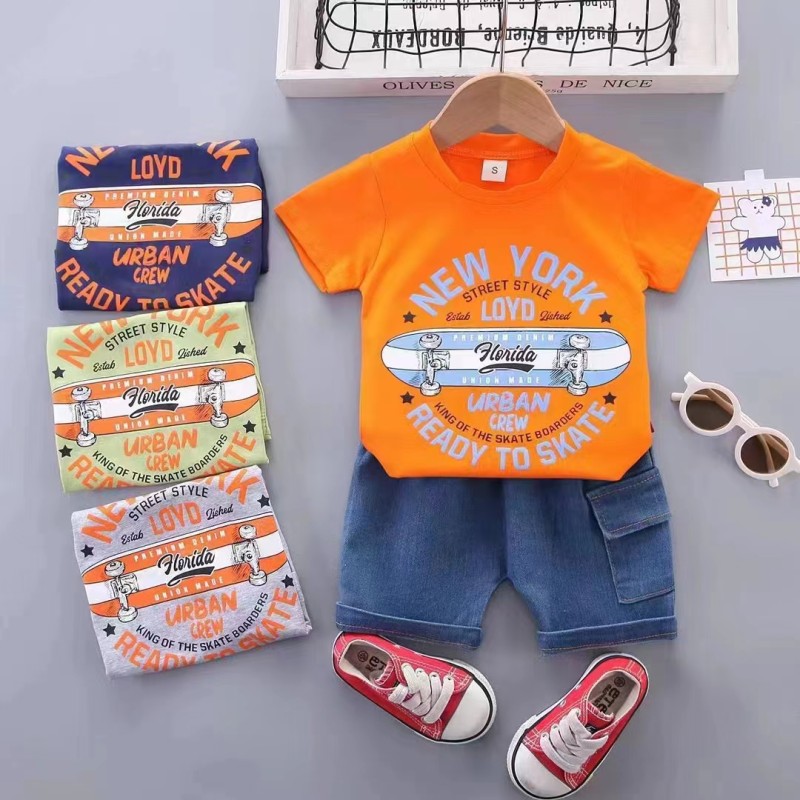 Baby Toddler Boy Clothes Factory - Short Sleeve T Shirt Top Ripped Jeans Shorts 2 Piece