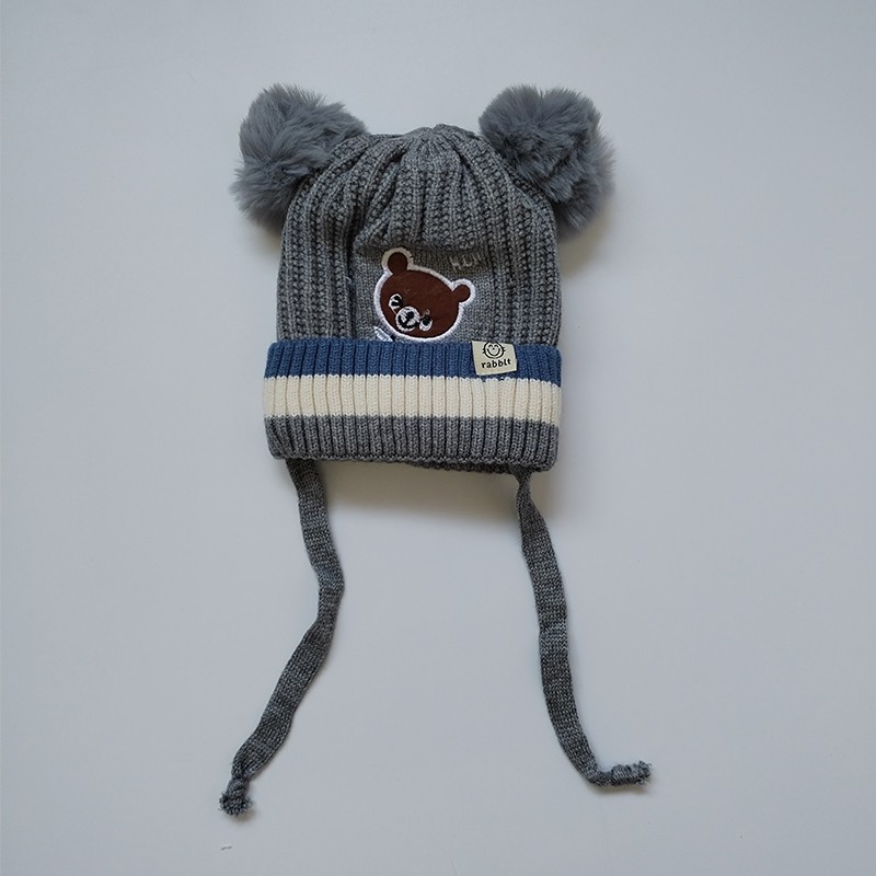 Infant Toddler Beanie Manufacturer - Woolen Cap Bear Design Winter Twist Pom Pom Cap