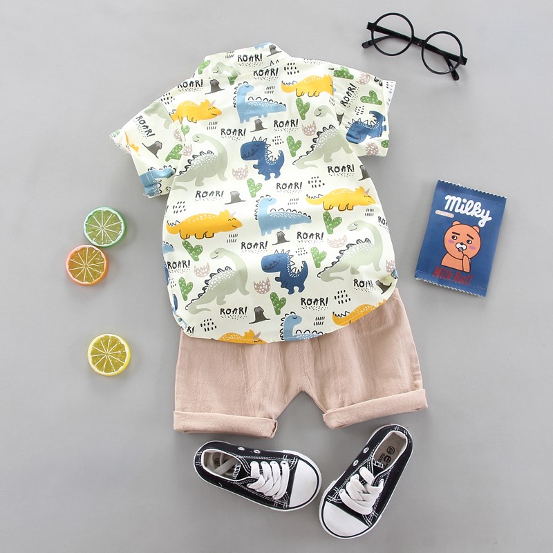 Teens Clothes Supplier - 1-4 Years Dinosaur Design Polo Shirt Casual Shorts Set