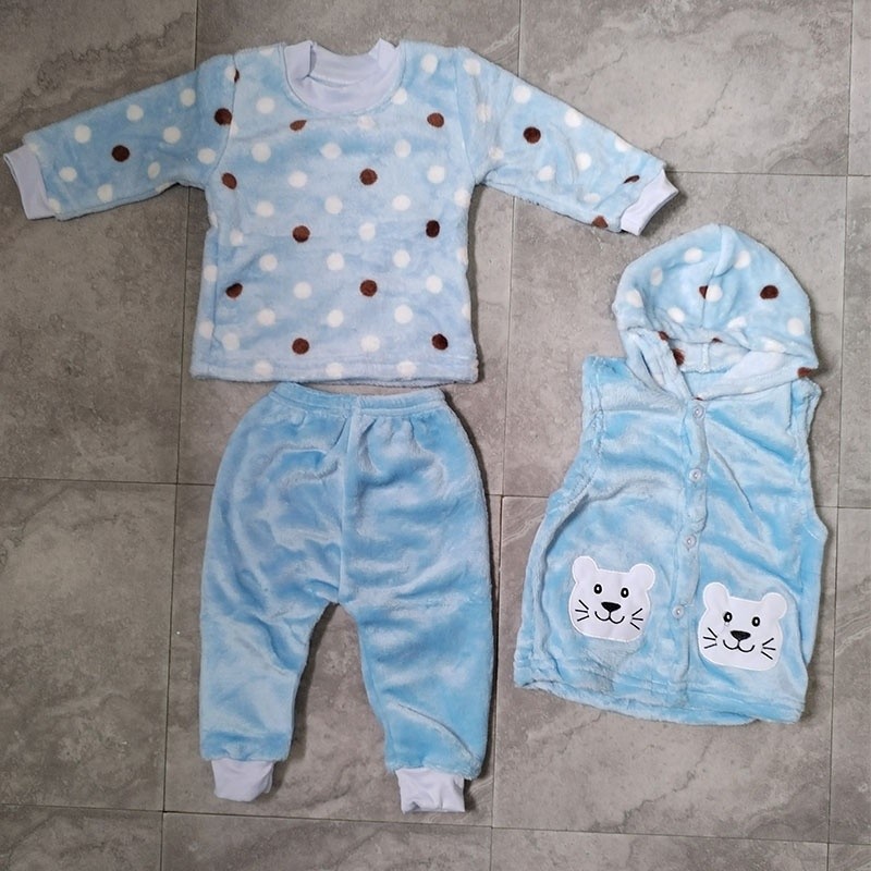 Flannel Baby Clothes Supplier - 3Pcs 0-12M Winter Outfit Shirt+Pant+Hooded Vest Set
