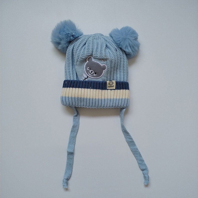 Infant Toddler Beanie Manufacturer - Woolen Cap Bear Design Winter Twist Pom Pom Cap
