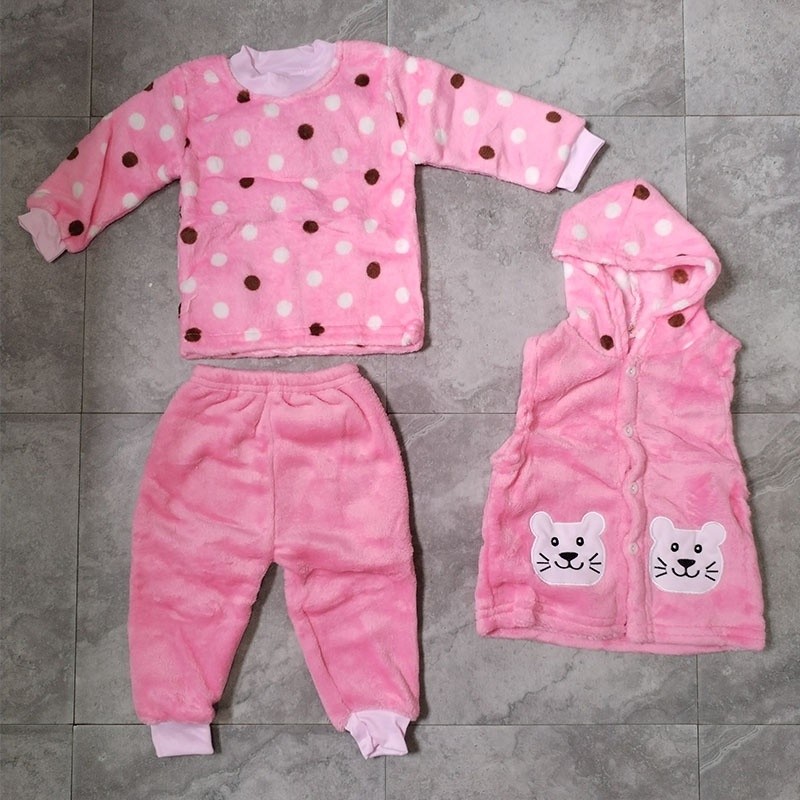Flannel Baby Clothes Supplier - 3Pcs 0-12M Winter Outfit Shirt+Pant+Hooded Vest Set