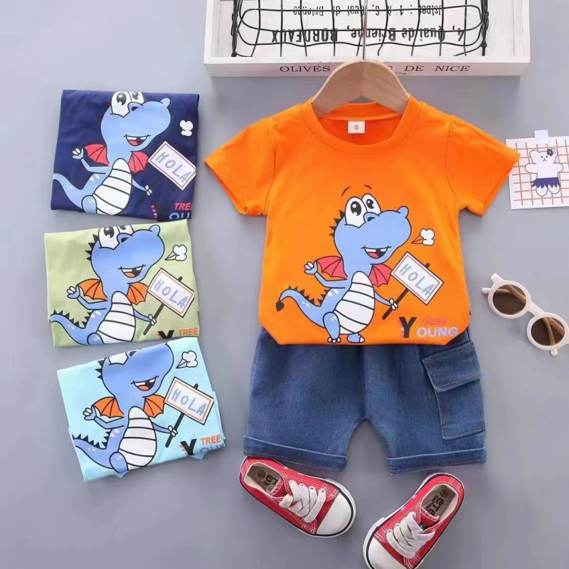 Baby Toddler Boy Clothes Factory - Short Sleeve T Shirt Top Ripped Jeans Shorts 2 Piece