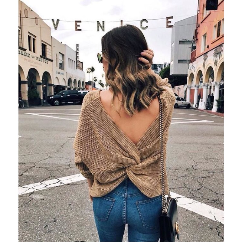 Women Sweater Supplier - Fashion Winter Soft Plain Knit V-Neck Open Back