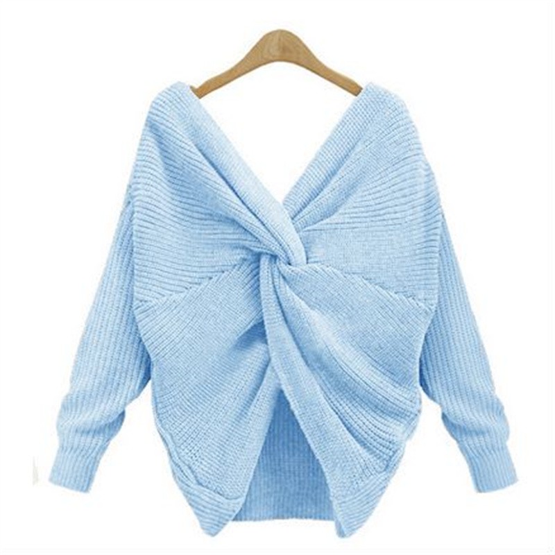 Women Sweater Supplier - Fashion Winter Soft Plain Knit V-Neck Open Back