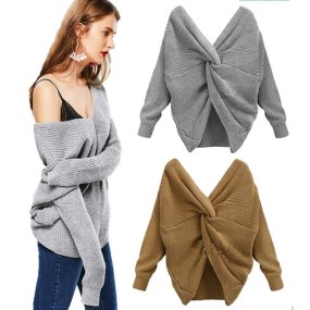 Women Sweater Supplier - Fashion Winter Soft Plain Knit V-Neck Open Back