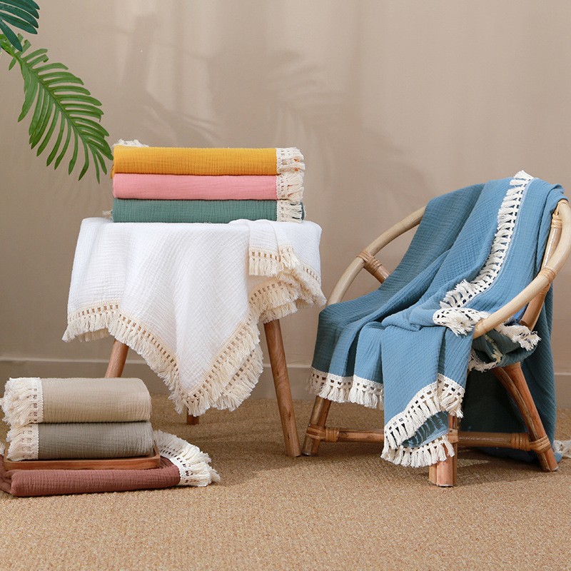 Infant Blanket Supplier - Tassel Cotton 2 Layer Muslin Soft Swaddle Wrap