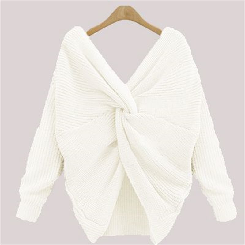 Women Sweater Supplier - Fashion Winter Soft Plain Knit V-Neck Open Back