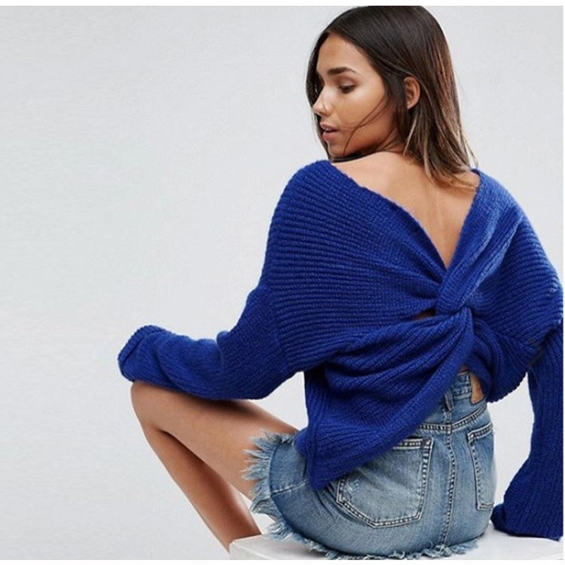 Women Sweater Supplier - Fashion Winter Soft Plain Knit V-Neck Open Back