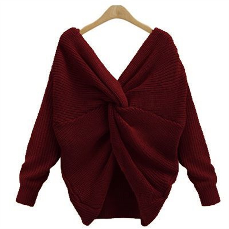 Women Sweater Supplier - Fashion Winter Soft Plain Knit V-Neck Open Back