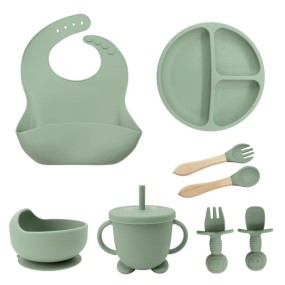Baby Tableware Supplier - 8-Piece Silicone Bib Plate Spoon Set