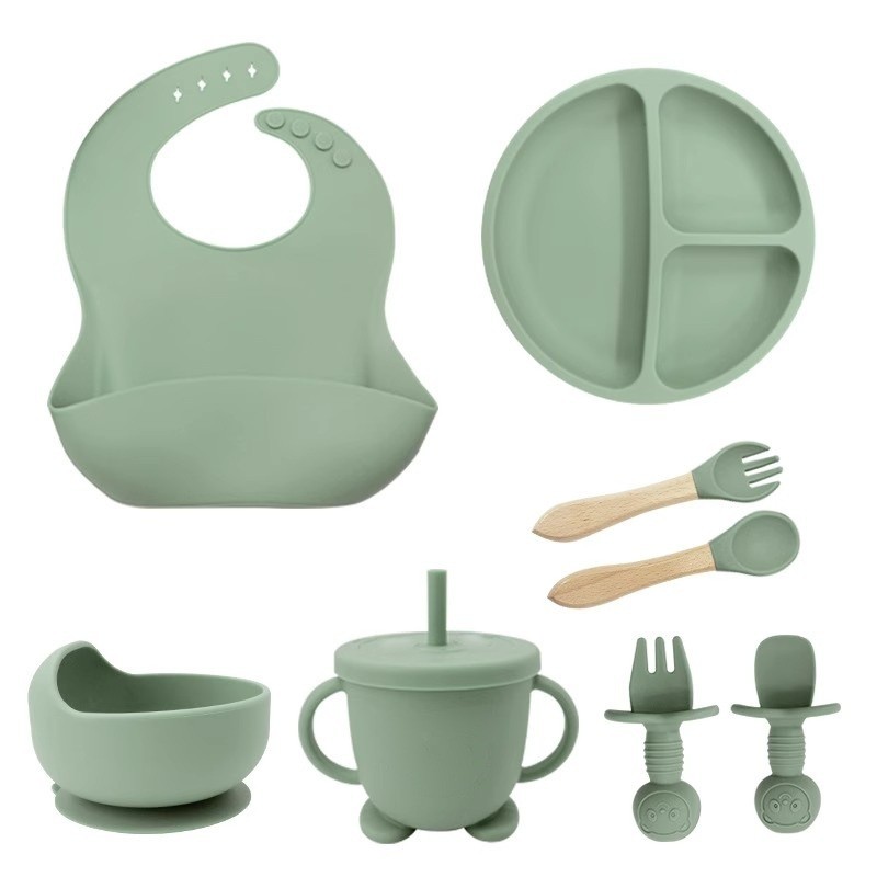 Baby Tableware Supplier - 8-Piece Silicone Bib Plate Spoon Set