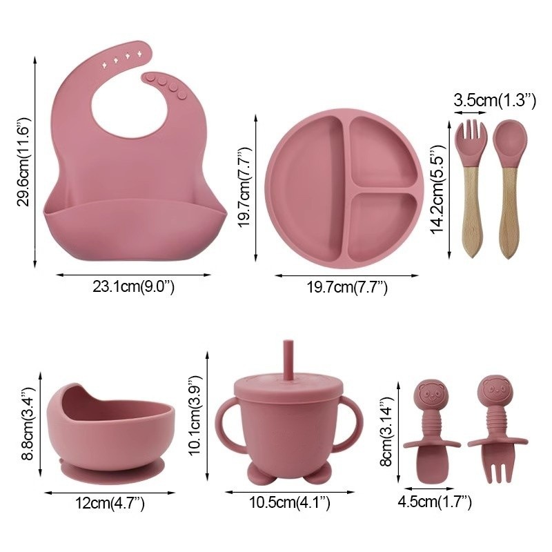 Baby Tableware Supplier - 8-Piece Silicone Bib Plate Spoon Set