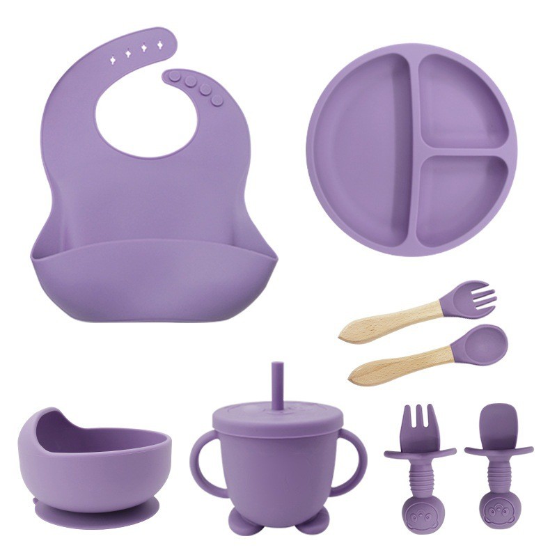 Baby Tableware Supplier - 8-Piece Silicone Bib Plate Spoon Set