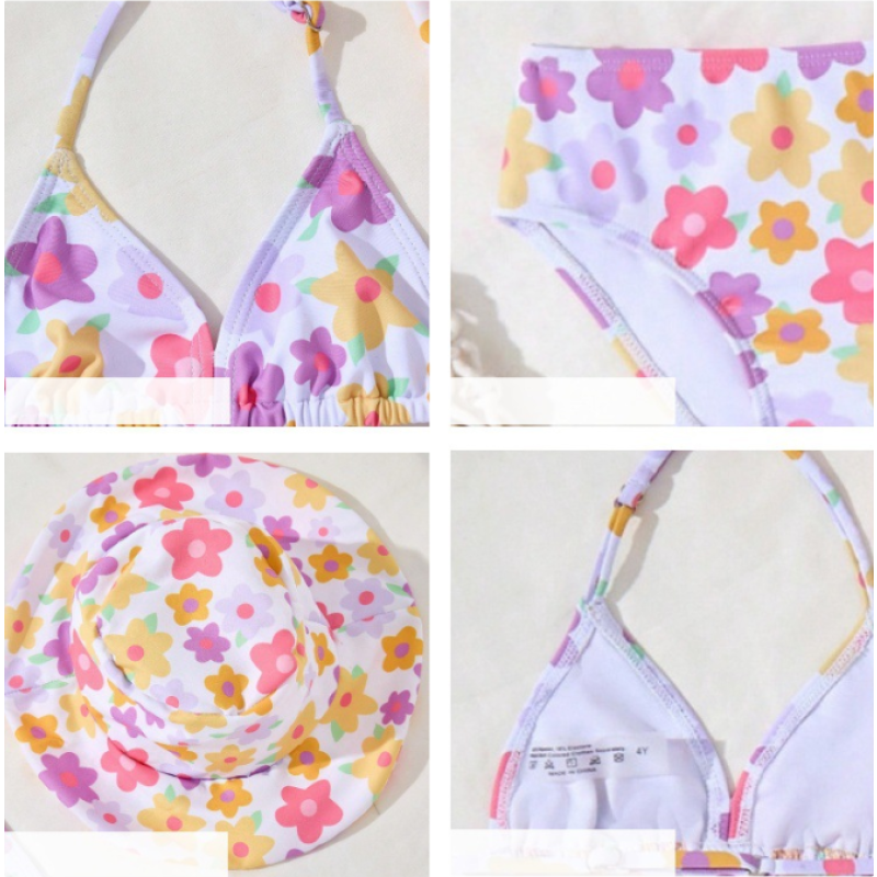 Girl Swimsuit Set Manufacturer - 4pcs/set Floral Bikini Sleeveless Tie up Top Shorts