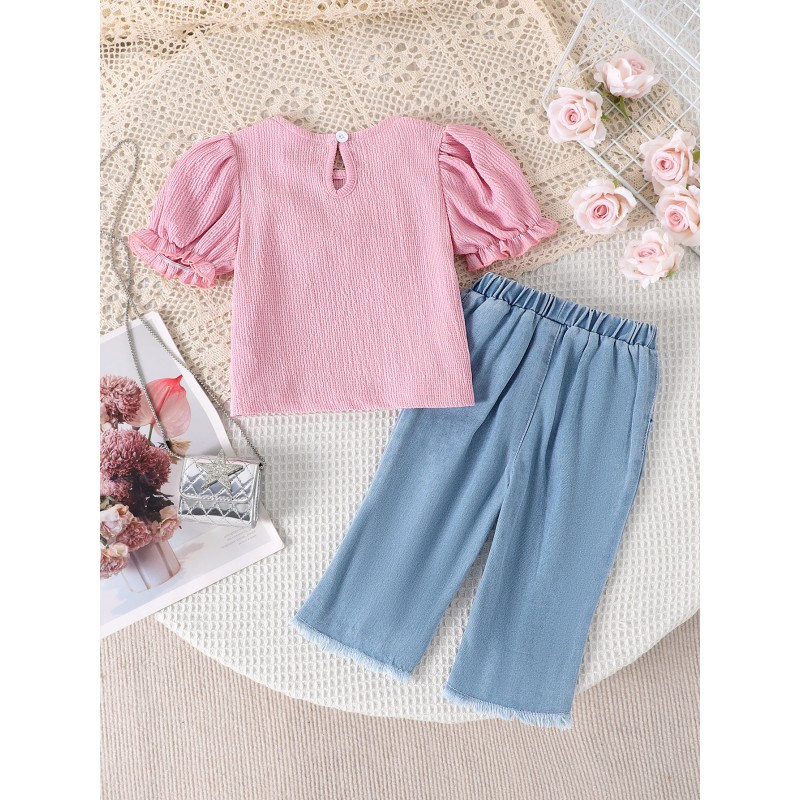 Baby Clothing Factory - 2025 Spring Summer Toddler Sets Short Sleeve Pink Long Jeans