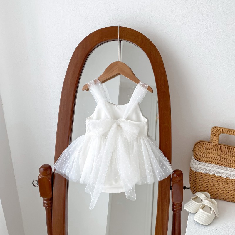 Newborn Jumpsuit Supplier - Baby Girls Romper White Pink Gauze Polka Dot Princess Dress