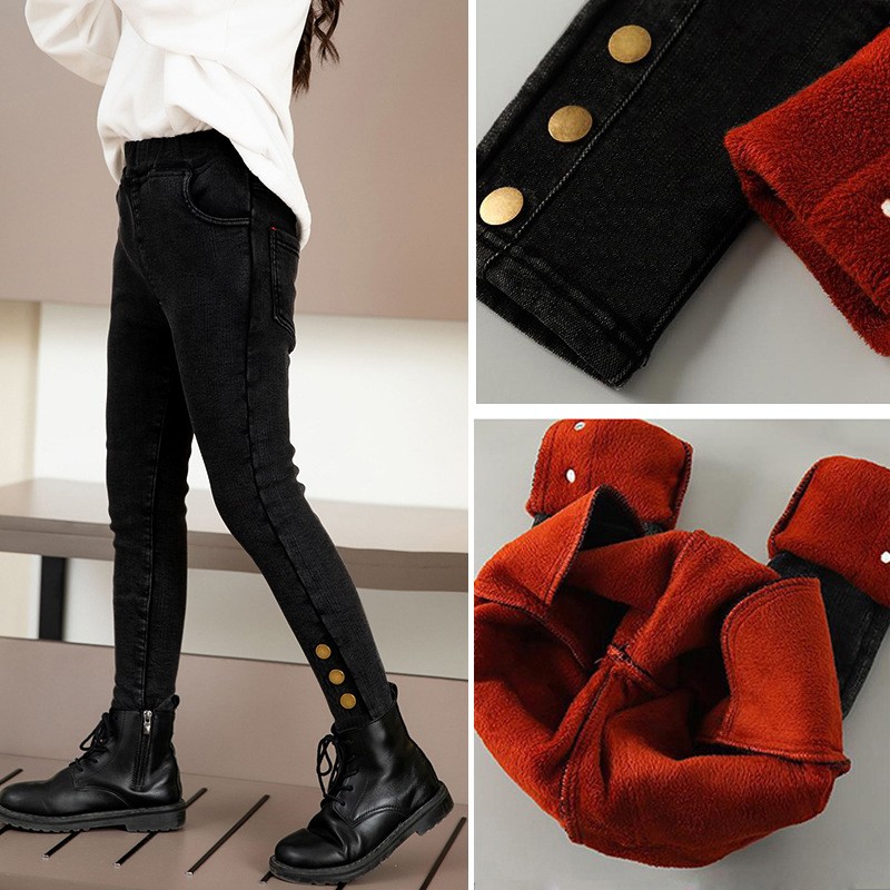 Girls Jeans Supplier - Trendy Fleece-Lined Thickened Autumn Winter Warm Pants Big Kids