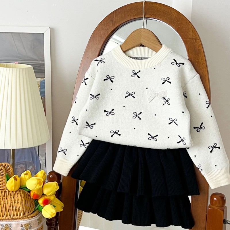 Children Clothing Factory - Korean Style Knitted Sweater Tiered Dress 2-Piece Suit Girls
