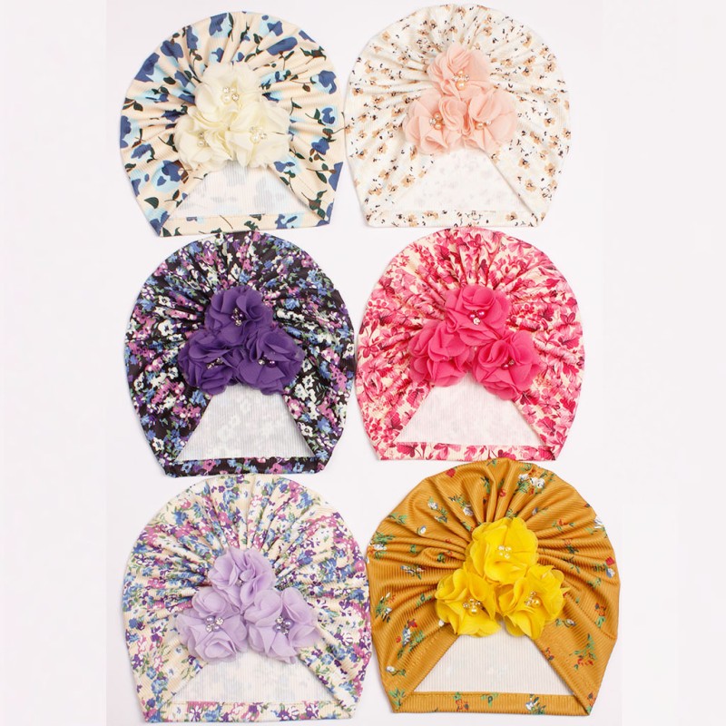 Baby Hat Factory - New Fashion Cute Printing Head Cotton Flower Boneless Set
