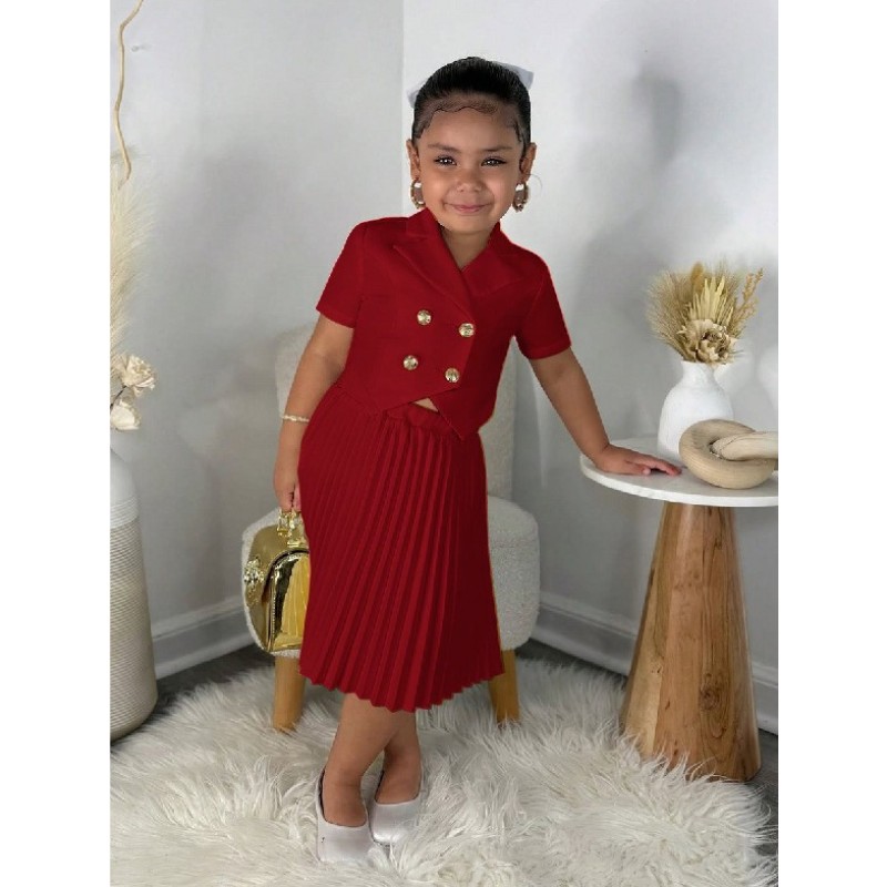 Girls Suit Factory - Hot Selling Two-Piece Set Solid Short Sleeve Buttons Top Skirt
