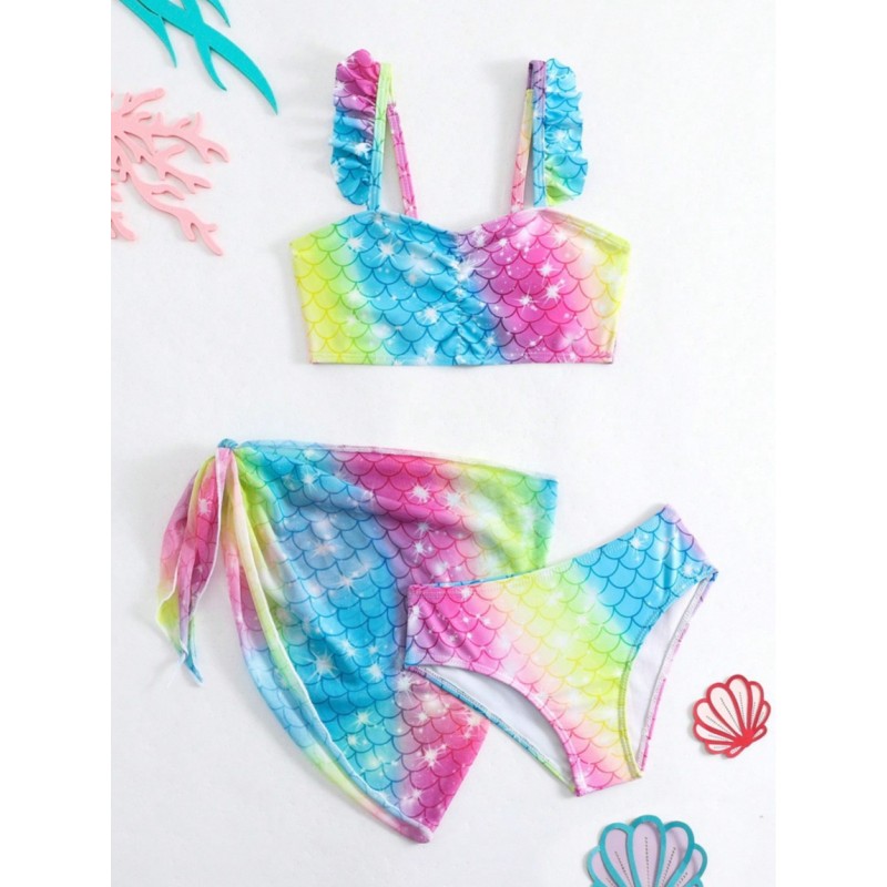 Girls Swimsuits Supplier - Fish Scale Print Tankini Summer Beachwear 3 Pieces Bikini