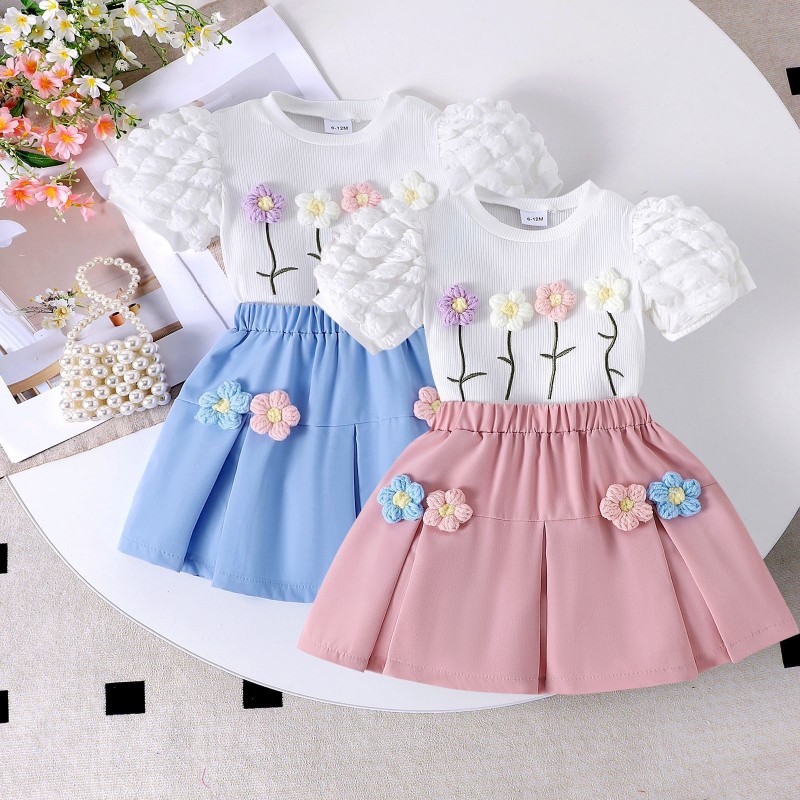 Girls Two-Piece Set Manufacturer - Wholesale Summer Cute Casual 3D Flower Cotton Top