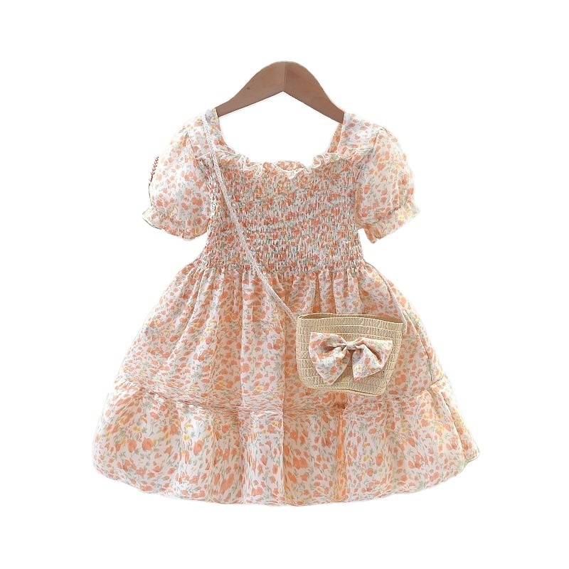 Toddler Girls Sets Factory - 2 Piece Puff Sleeve Dresses Floral Princess Messenger Bag