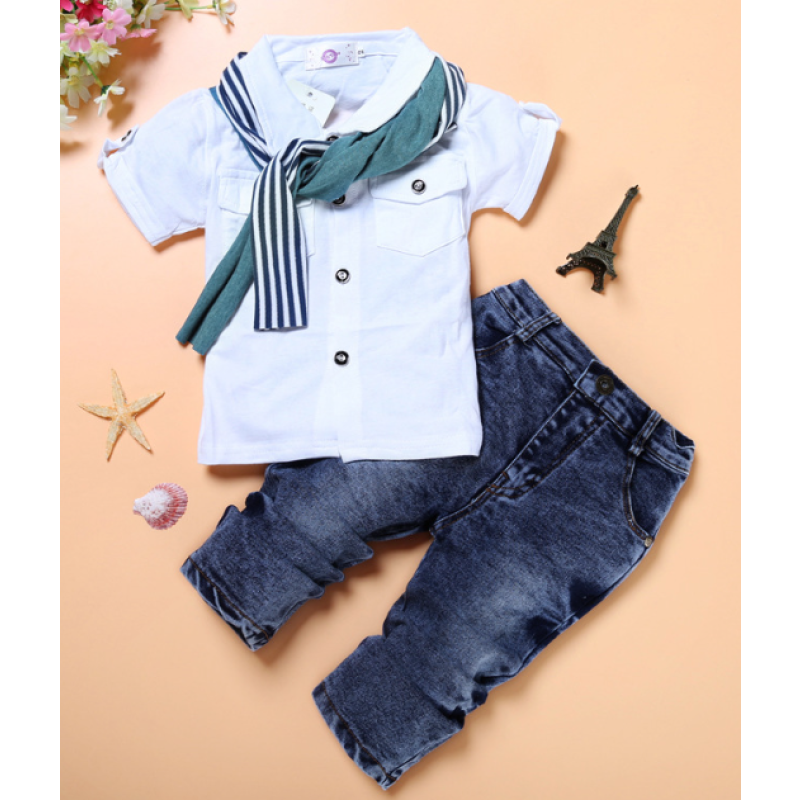 Boys Outfits Supplier - 2025 Summer 3Pcs Kids Random Cool Clothes T-Shirt Jeans Scarf